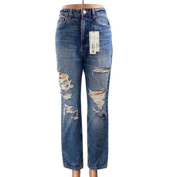 NEW Zara Women's Blue Distressed High Waisted Straight Leg Denim Jeans Size 4 - Picture 1 of 6